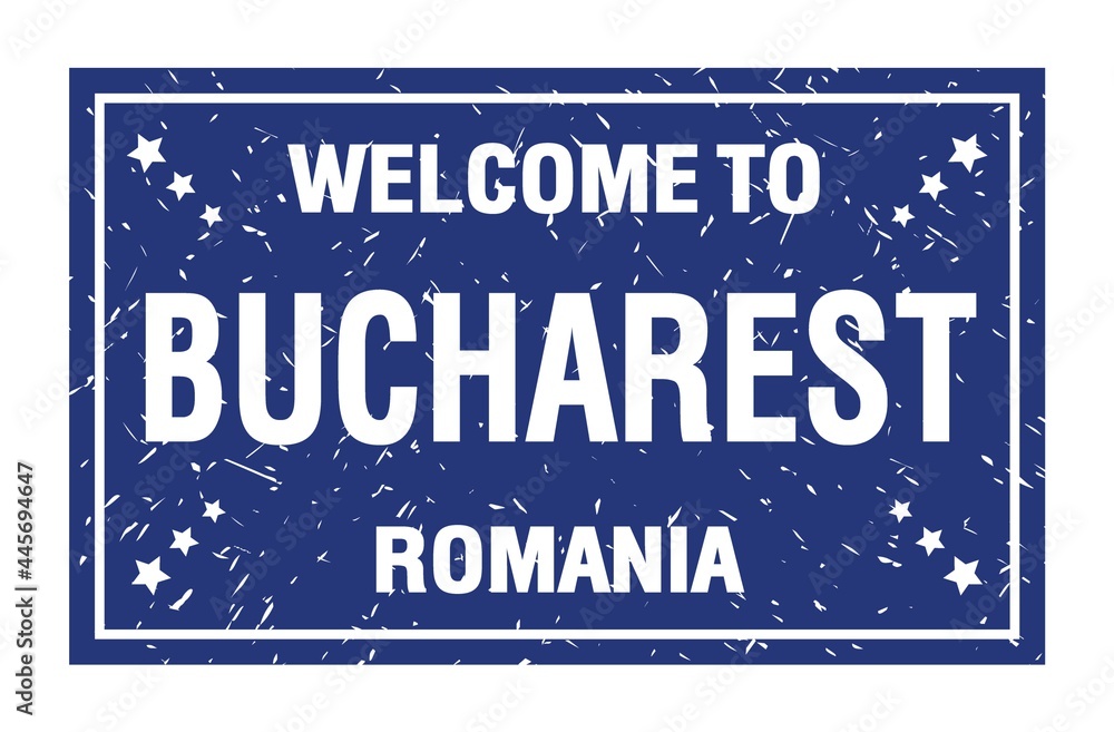 WELCOME TO BUCHAREST - ROMANIA, words written on blue rectangle stamp