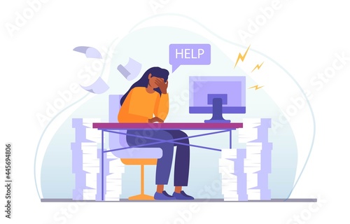 Stress at work concept. A sad, tired girl is sitting at her desk and asking for help. A large number of tasks, little time. Cartoon modern flat vector illustration isolated on a white background