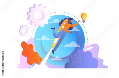 The path to the goal concept. The girl is flying to her dreams on a rocket. Overcoming obstacles and achieving success. Cartoon modern flat vector illustration isolated on a white background