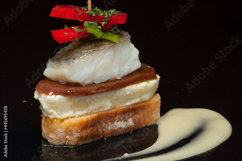 Pintxo de Bacalao al club ranero actualizado de EL Batzoki de Abando, Bilbao, Vizcaya, Pais Vasco. photo