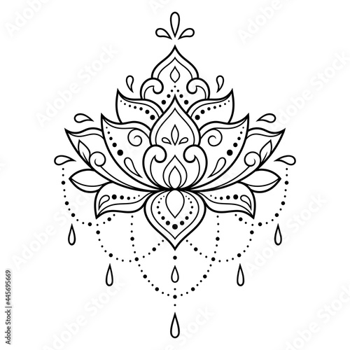 Lotus mehndi flower pattern for Henna drawing and tattoo. Decoration in oriental, Indian style. Doodle ornament. Outline hand draw vector illustration.
