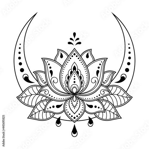 Crescent symbol with lotus flower in mehndi style. Traditional Oriental symbols for decoration of room, greeting cards, prints on clothing, sports equipment, tattoos and henna.