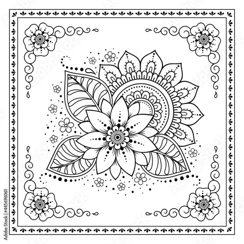 Stylized with henna tattoos decorative pattern for decorating covers for book, notebook, casket, magazine, postcard and folder. Flower in mehndi style. Frame in the eastern tradition.