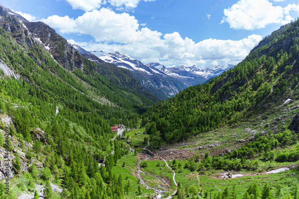 the nature and landscape of the Formazza valley, near the town of Riale, Italy - June 2021