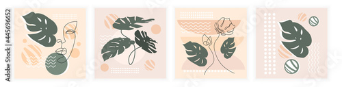 Abstract minimalistic cards set. Portrait of a woman line art, tropical leaves, geometric shapes and abstract patterns on a pink background. Vector modern illustration for posters and wall decoration