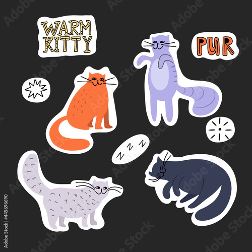 Set of cute doodle cats stickers isolated on dark background in flat style vector illustration