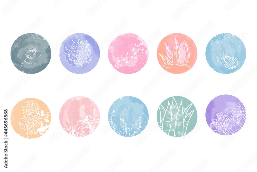 Highlight cover set, abstract floral botanical icons for social media. Vector illustration. watercolor design. Set of Instagram Story Highlights Covers Icons. Colorful watercolor background Highlight cover set, abstract floral botanical icons for social media. Vector illustration. watercolor design. Set of Instagram Story Highlights Covers Icons. Colorful watercolor background