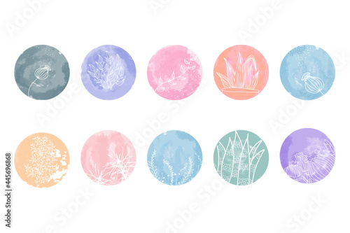 Highlight cover set  abstract floral botanical icons for social media. Vector illustration. watercolor design. Set of Instagram Story Highlights Covers Icons. Colorful watercolor background