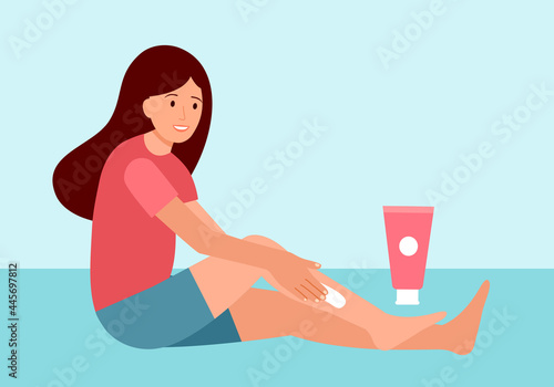 Pretty woman applying moisturizer cream on her legs in flat design. Body care.