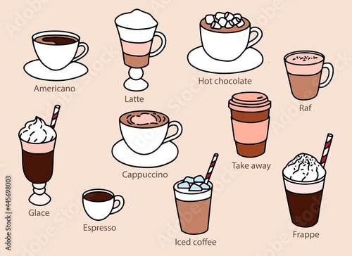 Set of different types coffee. Menu for cafe. Simple drawing .