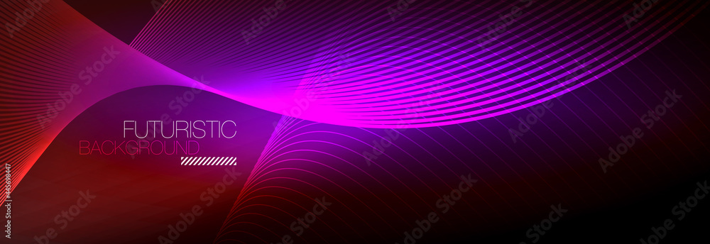 Abstract neon glowing light in the dark with waves. Shiny magic energy and motion concept, vector abstract wallpaper background Abstract neon glowing light in the dark with waves. Shiny magic energy and motion concept, vector abstract wallpaper background