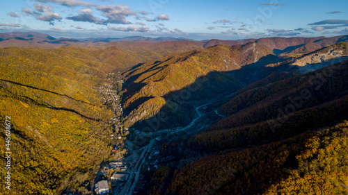 Height 611 in Dalnegorsk, where a UFO fell on January 29, 1986. View from the top of the mountain to the monotown of Dalnegorsk. A city located between steep cliffs.