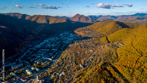 Height 611 in Dalnegorsk, where a UFO fell on January 29, 1986. View from the top of the mountain to the monotown of Dalnegorsk. A city located between steep cliffs.