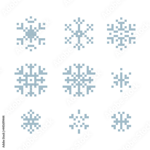 Snowflake pixel art icons set, element design for logo mobile app, stamp, web, sticker. Isolated 80s abstract vector illustration. 1-bit sprites.