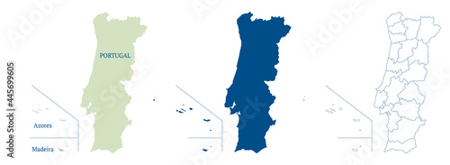 Map of Portugal with Azores and Madeira. High detailed vector outline, blue silhouette and administrative divisions map of Portugal. All isolated on white background