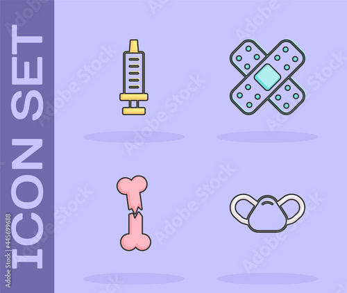 Set Medical protective mask, Syringe, Human broken bone and Crossed bandage plaster icon. Vector
