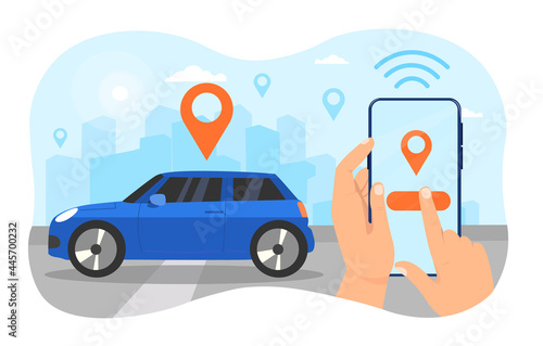 Autonomous wireless parking concept. The hand holds the phone and searches for the location of your car using the app. Cartoon flat vector illustration isolated on a white background
