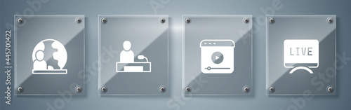 Set Live report, stream, Television and World news. Square glass panels. Vector