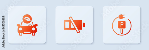 Set Low battery, Eco car and Charging parking electric. White square button. Vector
