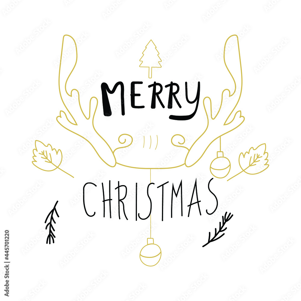 Merry Christmas calligraphy design doodle elements. antler, leaves and ball on white background. Hand Drawn vector illustration.