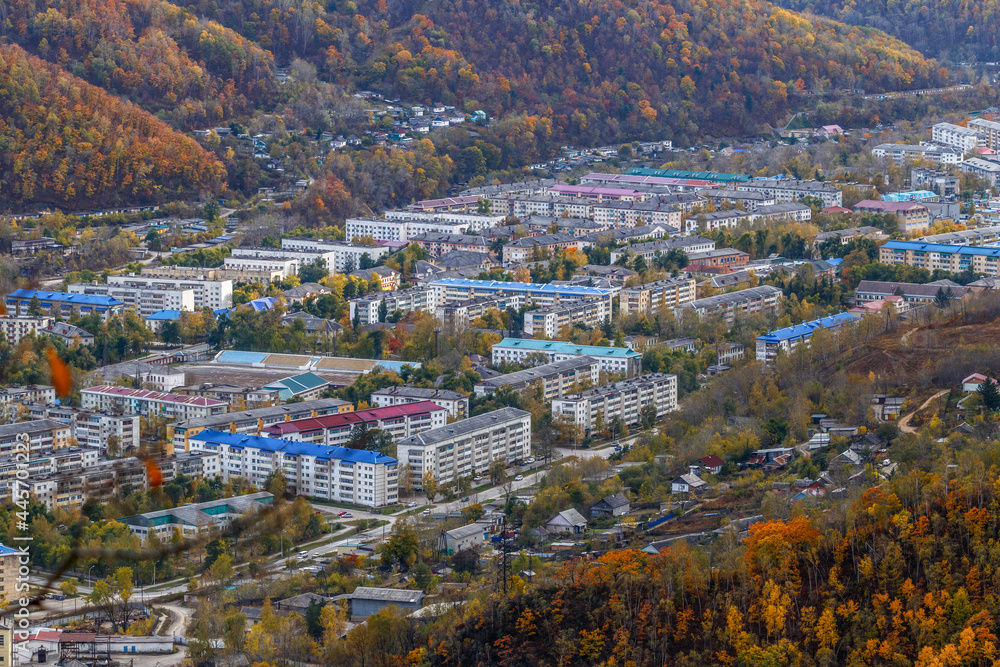 Height 611 in Dalnegorsk, where a UFO fell on January 29, 1986. View from the top of the mountain to the monotown of Dalnegorsk. A city located between steep cliffs.