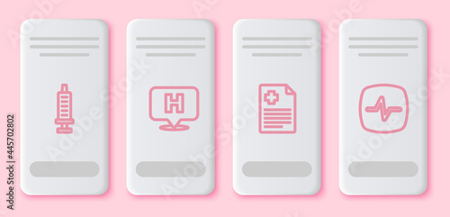 Set line Syringe, Location hospital, Patient record and Heart rate. White rectangle button. Vector