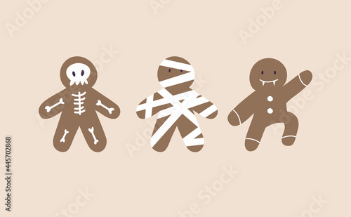 Vector illustration set of halloween gingerbread man - decorative like skeleton, vampire and mummy.