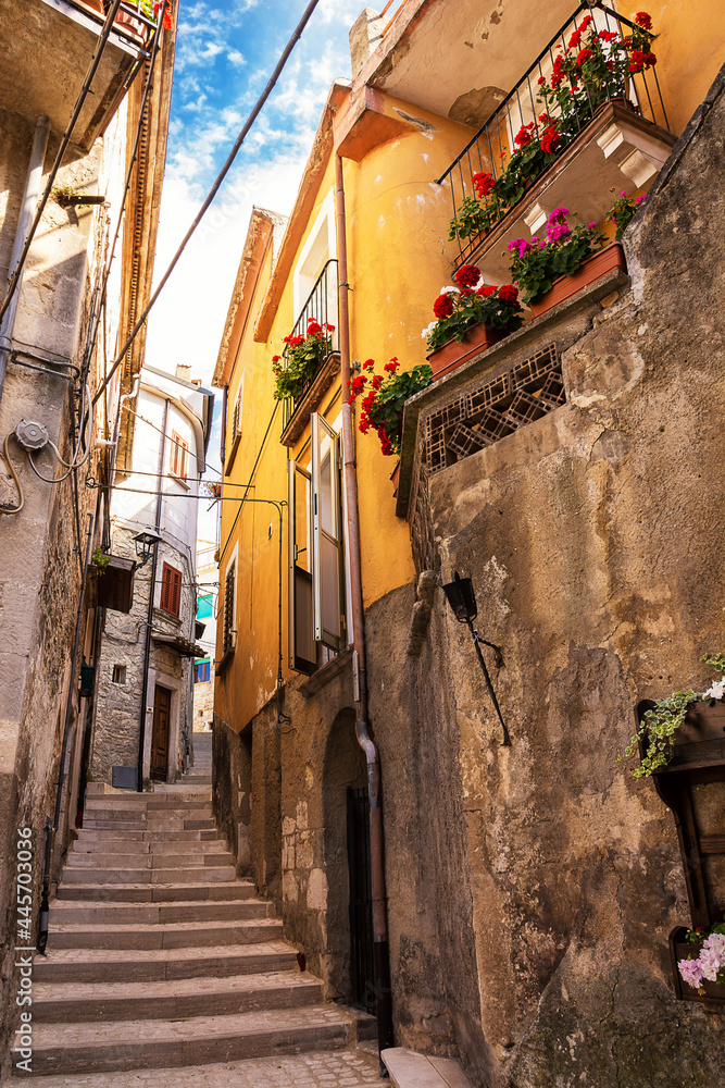 Fototapeta premium Narrow staircase in the alleys of the ancient mountain village of Pretoro in Abruzzo