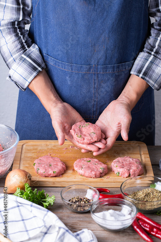 Raw beef and pork cutlets preparation at home