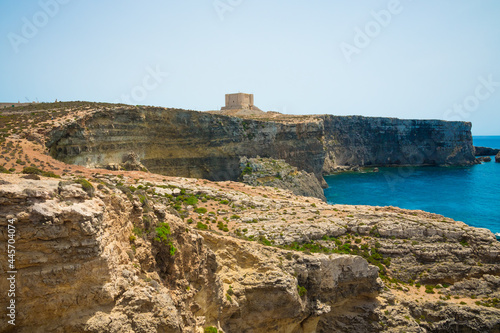Blue Lagoon  Malta. Comino Islands From Above Drone Photography Blue Lagoon. Aerial drone video of Blue lagoon Gozo Malta Comino island. Best beaches of Mediterranean Europe.