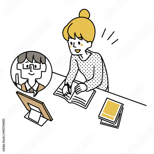 勉強しながらタブレットで講師に教えてもらっている女性