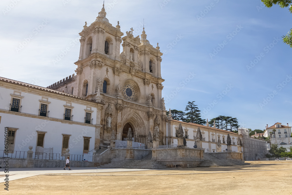 View at the facade of the Alcobaça Monastery (Mosteiro de Santa Maria de Alcobaça), a Catholic monastic complex