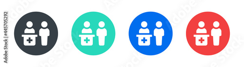 Medical information desk or counter icon. Hospital reception symbol.