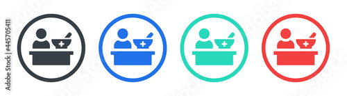 Pharmacist icon. Person stand on drugstore icon. Pharmacy concept