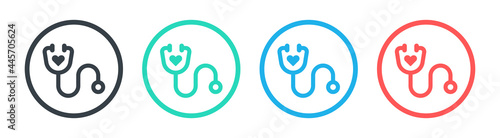 Stethoscope with heart icon on button sign. Cardiology, diagnostic and medical equipment vector illustration.