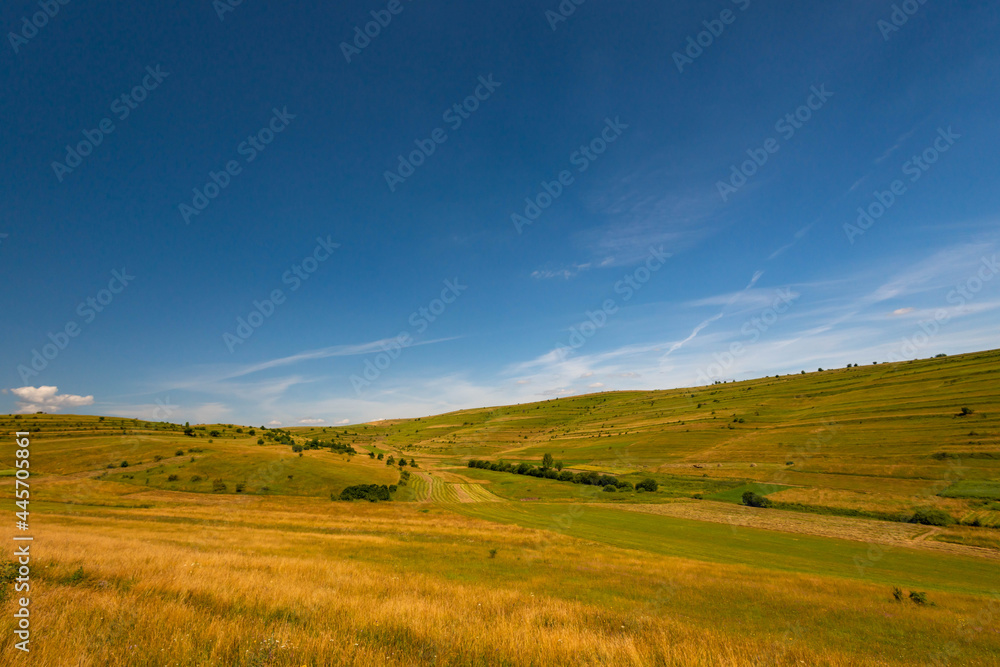 Aged, yellow grass in the small valley on a hot summer day, deep blue sky in the background.