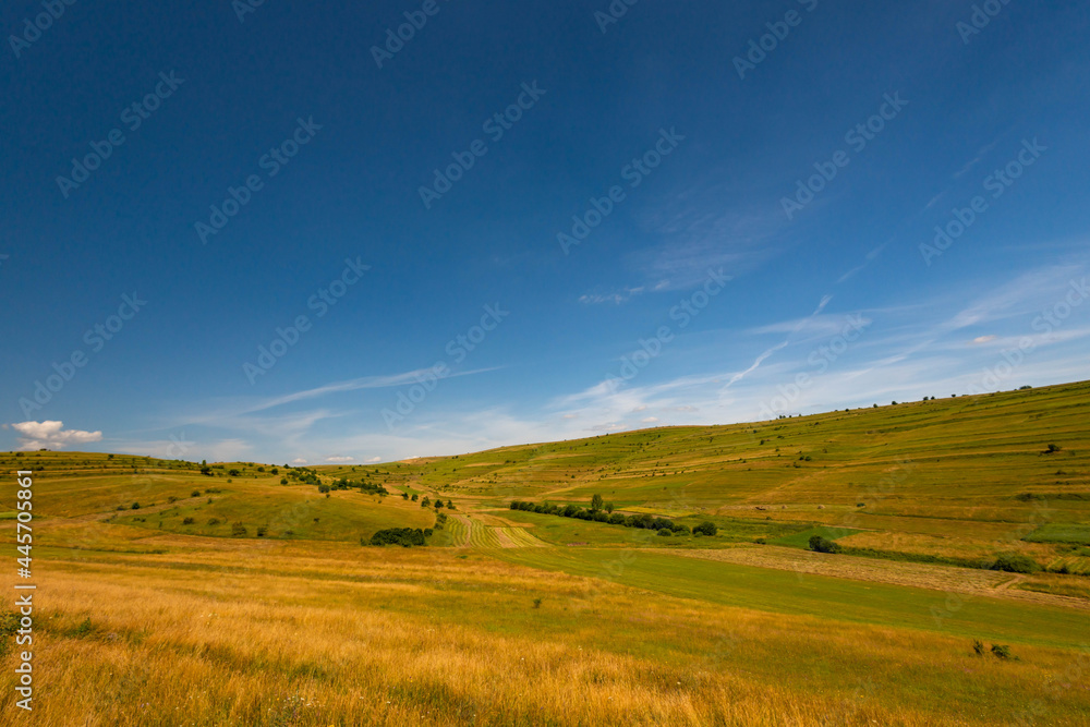 Aged, yellow grass in the small valley on a hot summer day, deep blue sky in the background. Aged, yellow grass in the small valley on a hot summer day, deep blue sky in the background.