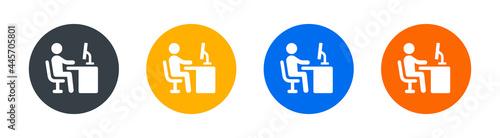 Person working on computer icon on button sign. Office worker vector symbol.