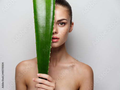 nude woman with green aloe leaf on light background cropped view model