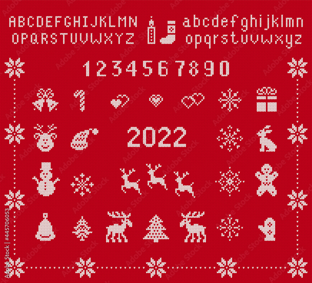 Christmas elements and knit font. Vector. Xmas seamless pattern. Fairisle ornament with type, numbers, snowflake, deer, bell, tree, gift box. Knitted sweater print. Red textured illustration