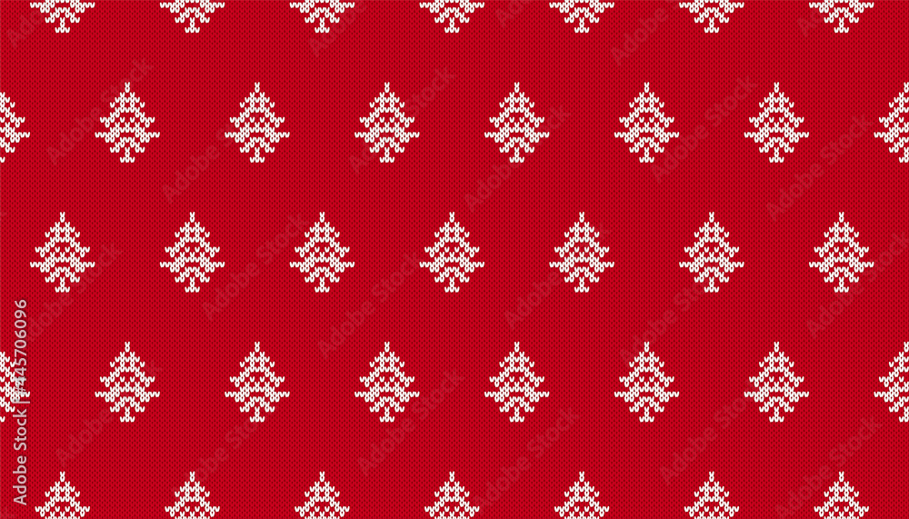Xmas knit pattern. Red seamless print with Christmas trees. Knitted sweater texture. Fair isle print. Festive traditional background. Holiday ornament. Vector illustration. Xmas knit pattern. Red seamless print with Christmas trees. Knitted sweater texture. Fair isle print. Festive traditional background. Holiday ornament. Vector illustration.