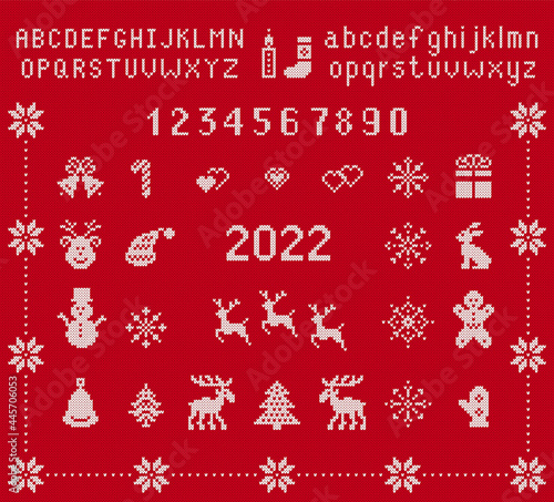 Christmas elements and knit font. Vector. Xmas seamless pattern. Fairisle ornament with type, numbers, snowflake, deer, bell, tree, gift box. Knitted sweater print. Red textured illustration