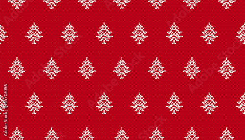 Xmas knit pattern. Red seamless print with Christmas trees. Knitted sweater texture. Fair isle print. Festive traditional background. Holiday ornament. Vector illustration.