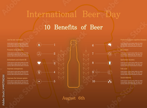 Benefits of beer in our health with icons referring to antioxidants, low fat, immune system, cognitive diseases, hydration, folic acid, social relations.