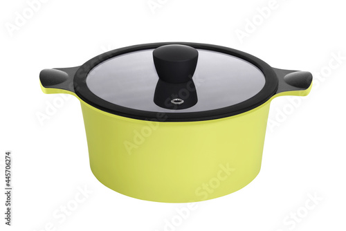 Bright colorful home cookware for cooking different dishes on the stove