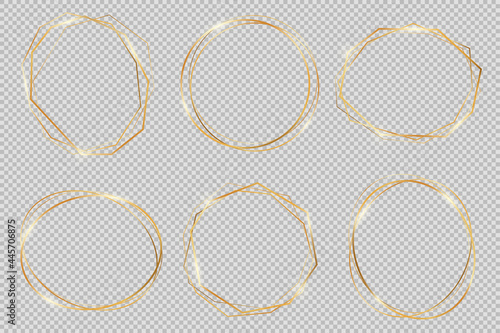 Set of modern shiny vector polygonal and oval shapes. Collection of gold geometric frames can be used in various design projects, advertisements, wedding invitations, cards, web-design and more.