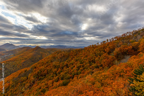Height 611 in Dalnegorsk, where a UFO fell on January 29, 1986. View from the top of the mountain to the autumn multi-colored hills. Autumn forest.