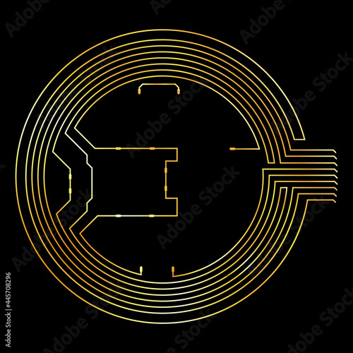 Golden circular digital design element isolated on black. Wire gold circles. Vector illustration.
