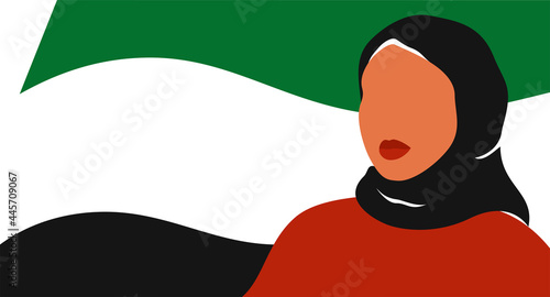 Muslim girl stands against the UAE flag. Emirati Women's day greeting card with Young arab woman wearing black hijab. Vector illustration. Holiday concept