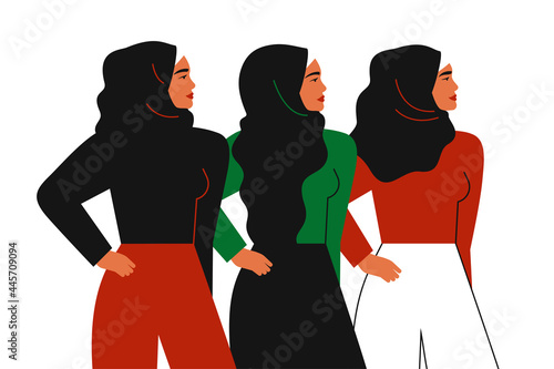Muslim business women in hijab stand together. Emirati Women's day greeting background. Vector illustration. Holiday concept
